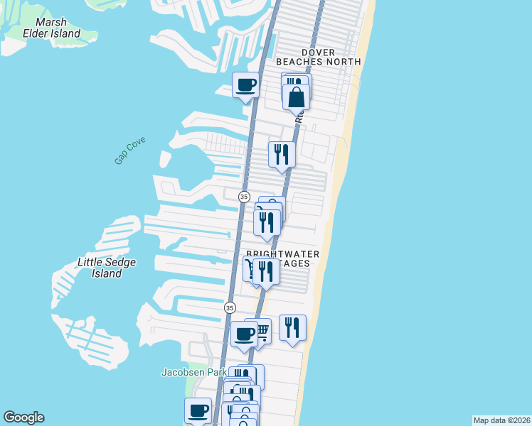 map of restaurants, bars, coffee shops, grocery stores, and more near 106 Del Monte Road in Lavallette