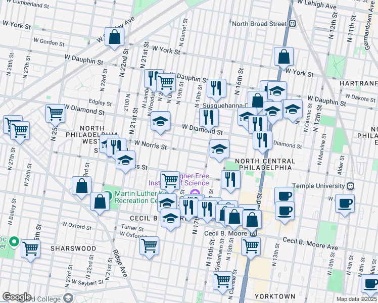 map of restaurants, bars, coffee shops, grocery stores, and more near N 18th St & W Norris St in Philadelphia