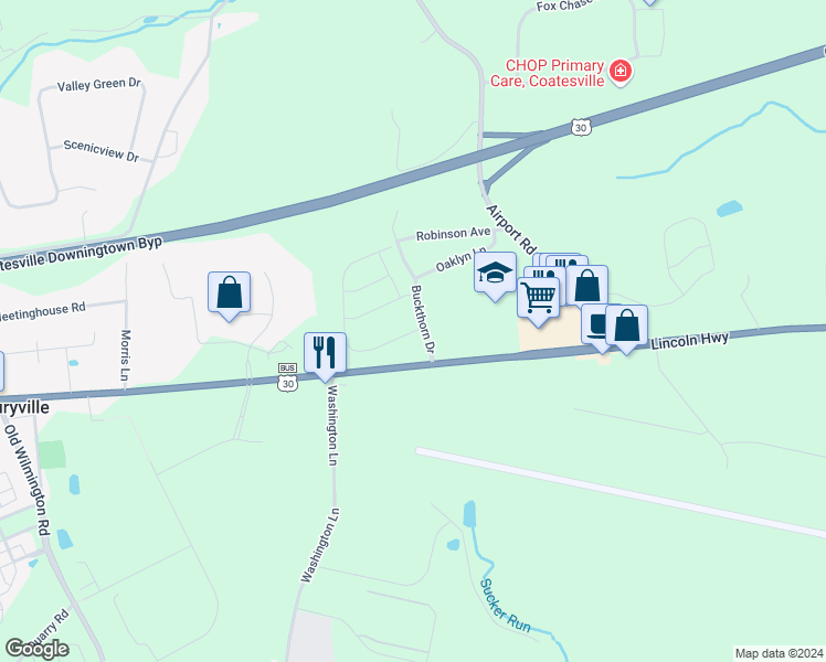 map of restaurants, bars, coffee shops, grocery stores, and more near 111 Larose Drive in Coatesville