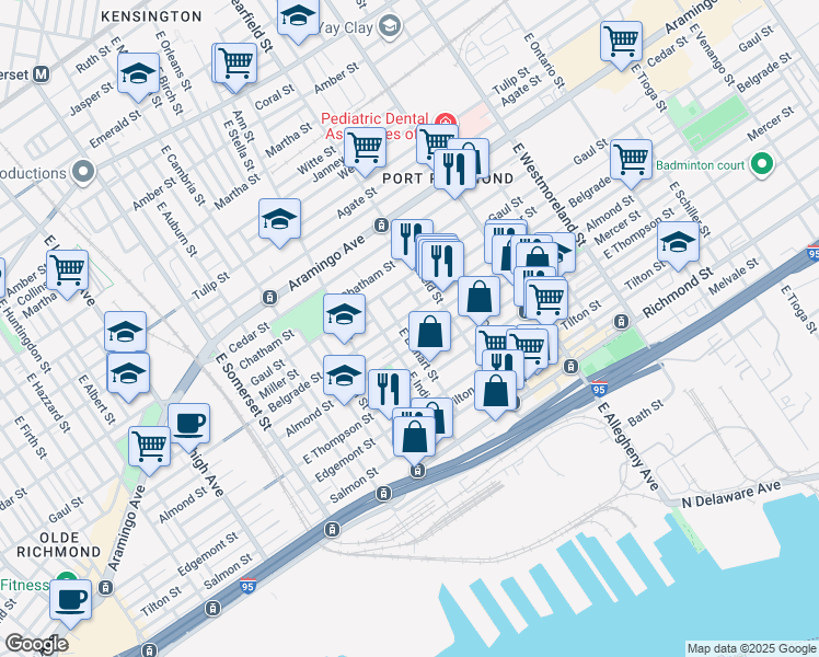 map of restaurants, bars, coffee shops, grocery stores, and more near 2581 East Elkhart Street in Philadelphia