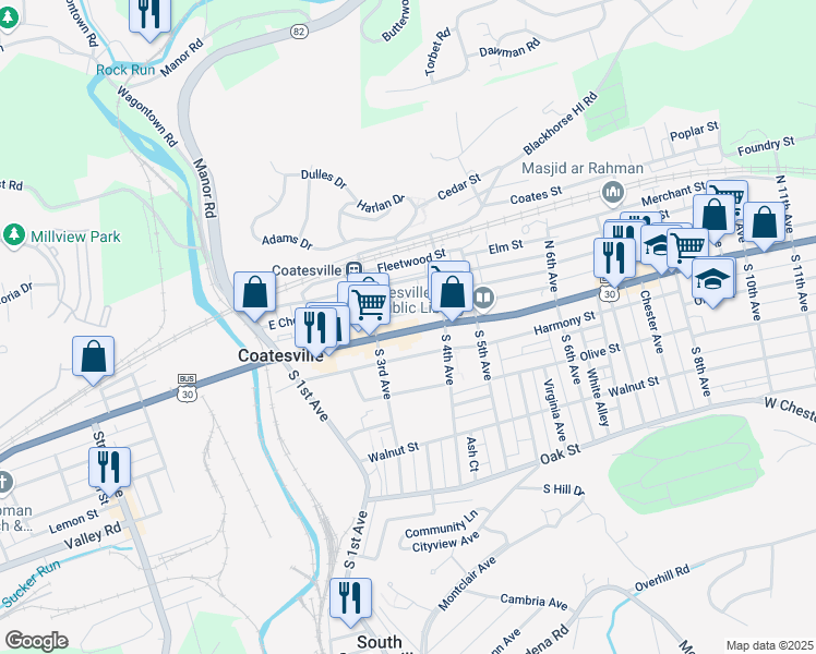 map of restaurants, bars, coffee shops, grocery stores, and more near 339 U.S. 30 Business in Coatesville