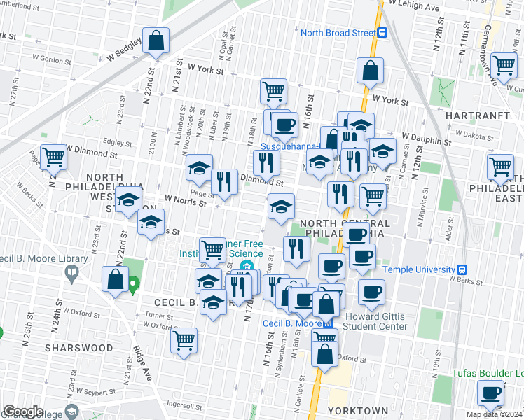 map of restaurants, bars, coffee shops, grocery stores, and more near 2004 North 17th Street in Philadelphia