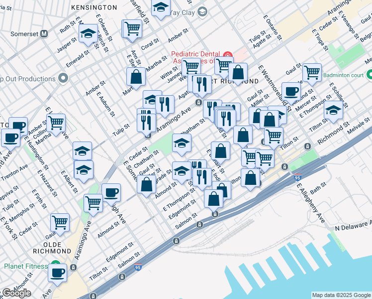 map of restaurants, bars, coffee shops, grocery stores, and more near 2950 Miller Street in Philadelphia