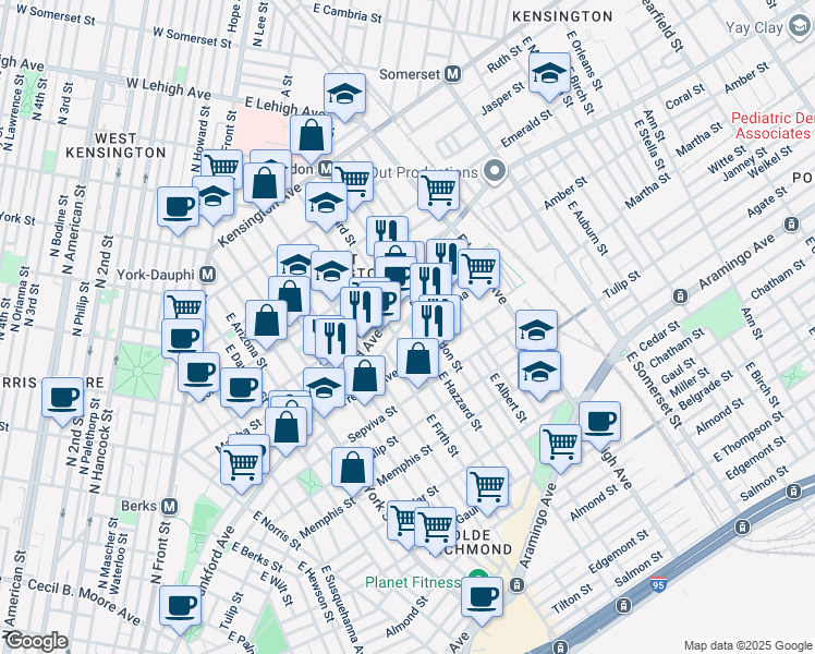 map of restaurants, bars, coffee shops, grocery stores, and more near 2557 Collins Street in Philadelphia