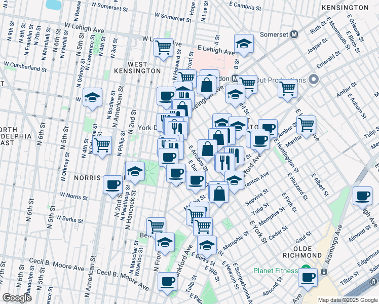 map of restaurants, bars, coffee shops, grocery stores, and more near 2314 Emerald Street in Philadelphia