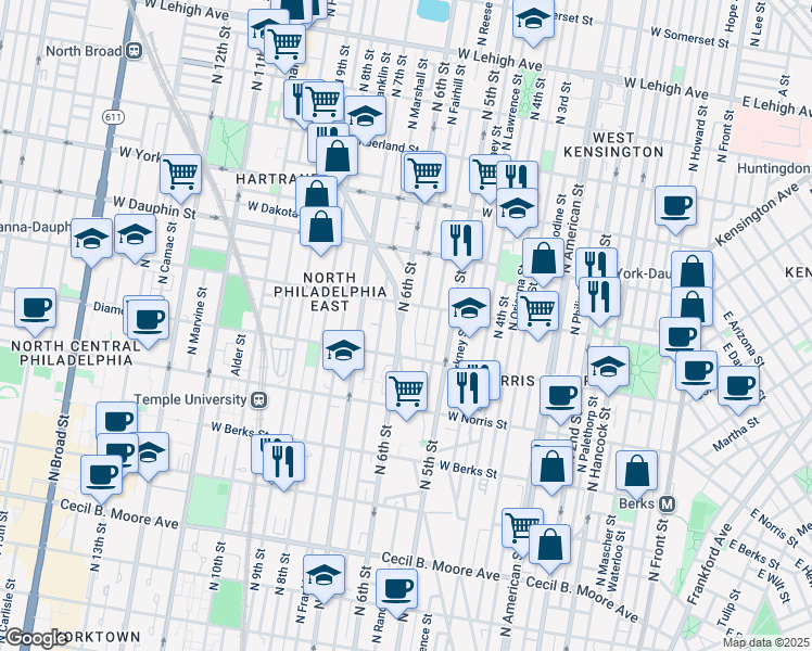 map of restaurants, bars, coffee shops, grocery stores, and more near 2137 North 6th Street in Philadelphia