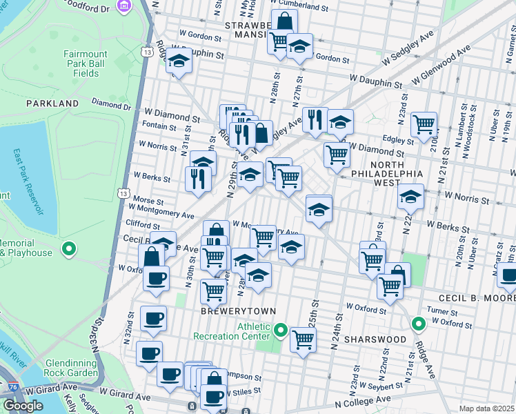 map of restaurants, bars, coffee shops, grocery stores, and more near 1841 North 28th Street in Philadelphia