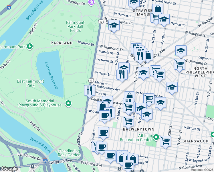 map of restaurants, bars, coffee shops, grocery stores, and more near 3125 West Montgomery Avenue in Philadelphia
