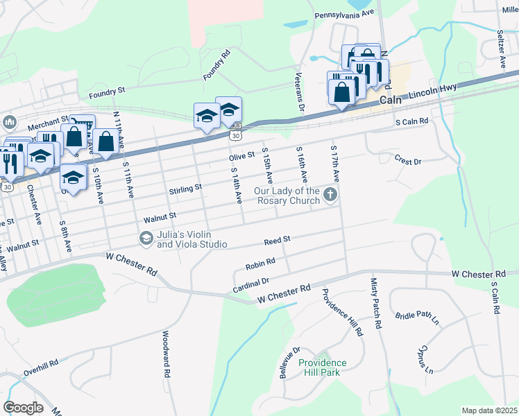 map of restaurants, bars, coffee shops, grocery stores, and more near 1408 Walnut Street in Coatesville