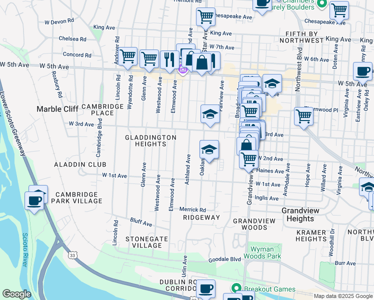map of restaurants, bars, coffee shops, grocery stores, and more near 1319 Ashland Avenue in Columbus