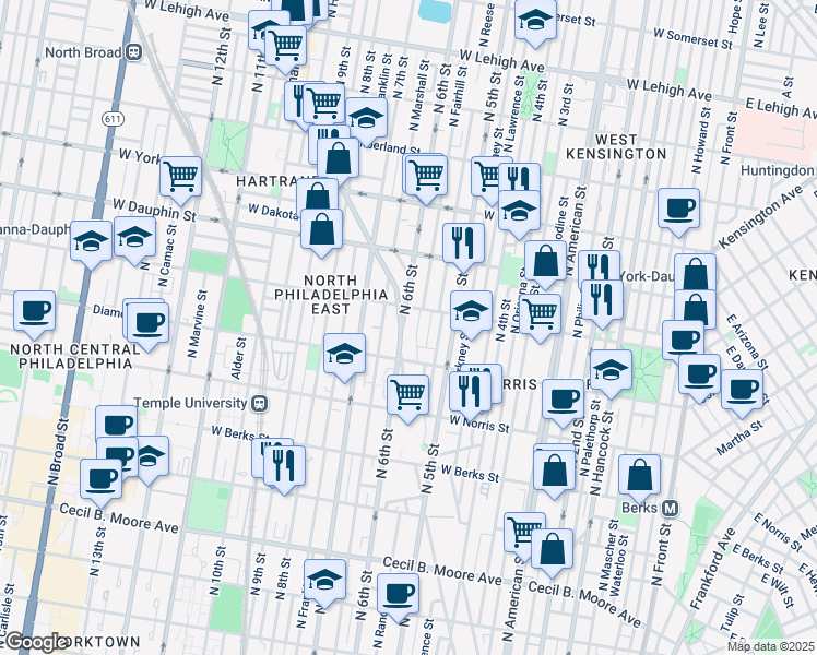 map of restaurants, bars, coffee shops, grocery stores, and more near 2137 North 6th Street in Philadelphia