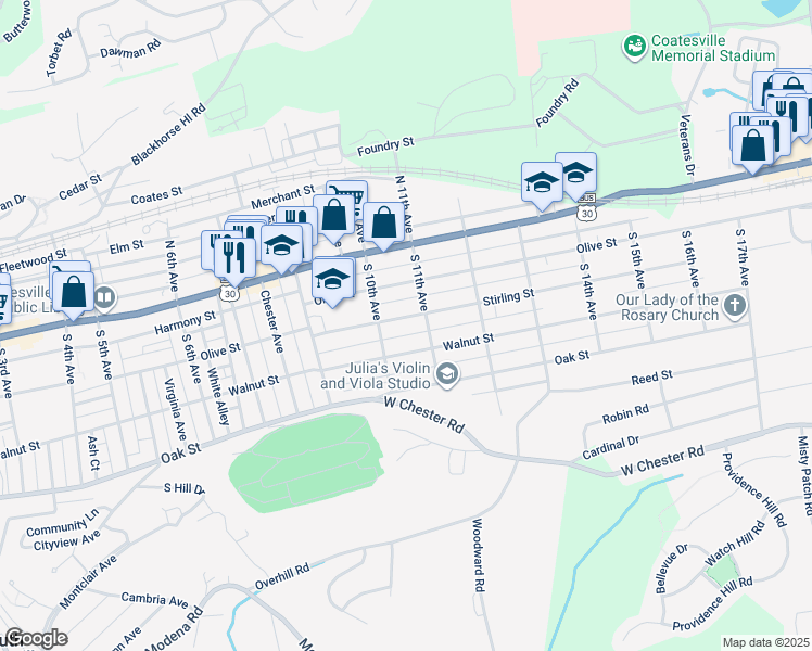 map of restaurants, bars, coffee shops, grocery stores, and more near 1016 Stirling Street in Coatesville