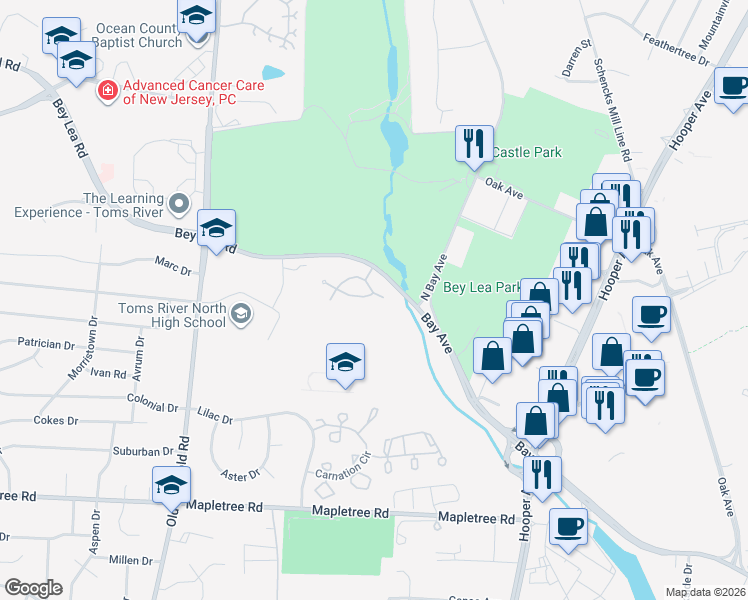 map of restaurants, bars, coffee shops, grocery stores, and more near 1004 Burntwood Trail in Toms River