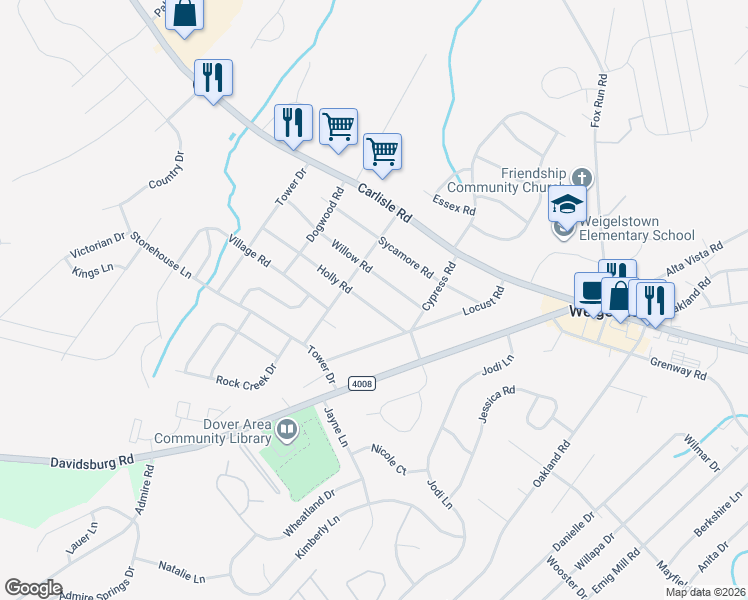 map of restaurants, bars, coffee shops, grocery stores, and more near 3451 Holly Road in Dover