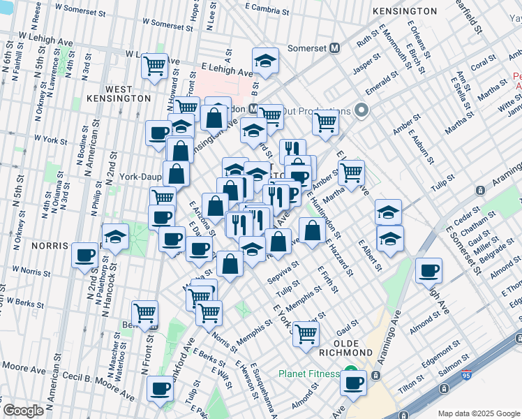 map of restaurants, bars, coffee shops, grocery stores, and more near 2068 East Cumberland Street in Philadelphia