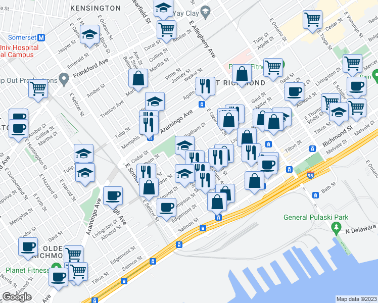 map of restaurants, bars, coffee shops, grocery stores, and more near 2950 Miller Street in Philadelphia
