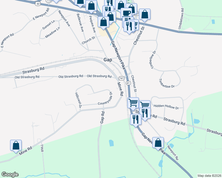map of restaurants, bars, coffee shops, grocery stores, and more near 5322 Countryside Drive in Kinzers