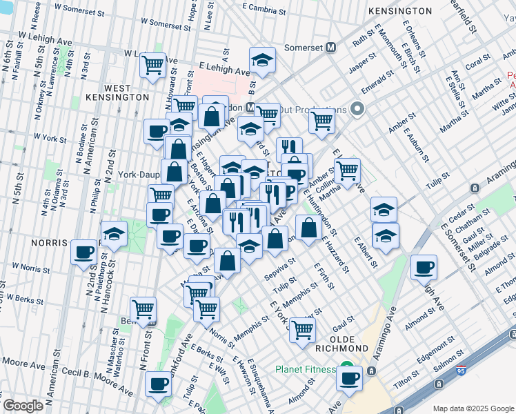 map of restaurants, bars, coffee shops, grocery stores, and more near 2068 East Cumberland Street in Philadelphia