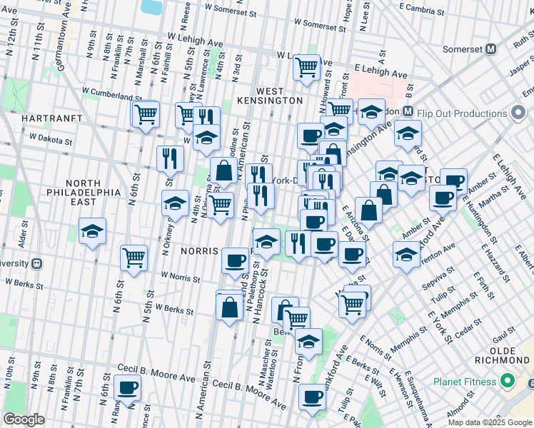 map of restaurants, bars, coffee shops, grocery stores, and more near 2205 North Palethorp Street in Philadelphia