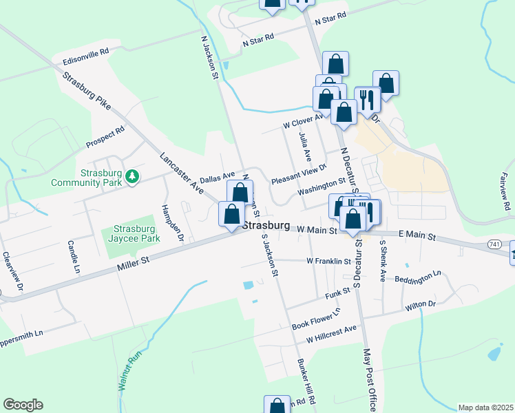 map of restaurants, bars, coffee shops, grocery stores, and more near 16 North Jackson Street in Strasburg