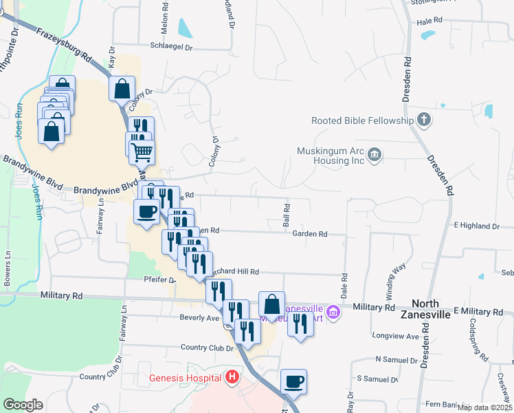 map of restaurants, bars, coffee shops, grocery stores, and more near 830 Grove Road in Zanesville