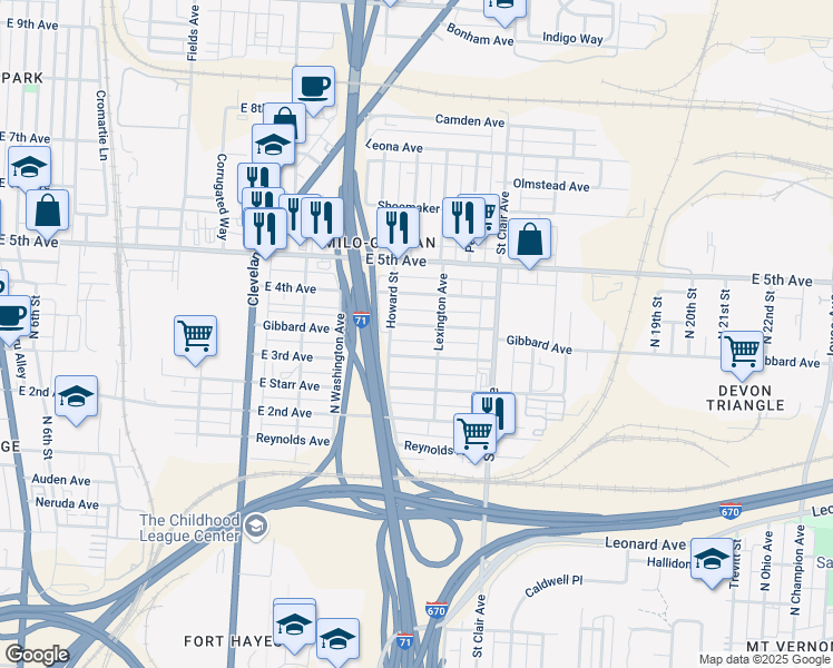 map of restaurants, bars, coffee shops, grocery stores, and more near 805 Gibbard Avenue in Columbus