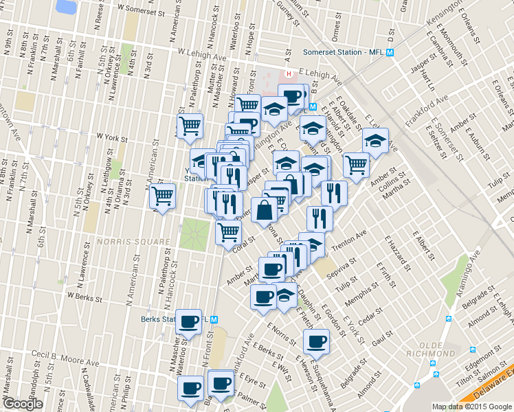 map of restaurants, bars, coffee shops, grocery stores, and more near Emerald St & E Arizona St in Philadelphia