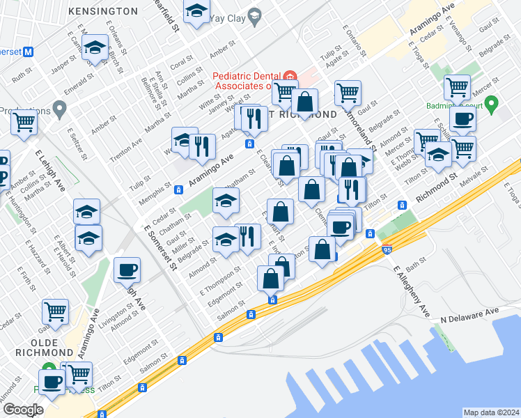 map of restaurants, bars, coffee shops, grocery stores, and more near 3015 Belgrade Street in Philadelphia