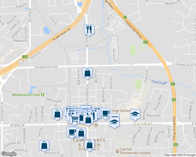 map of restaurants, bars, coffee shops, grocery stores, and more near 645 1st Avenue Northeast in Carmel