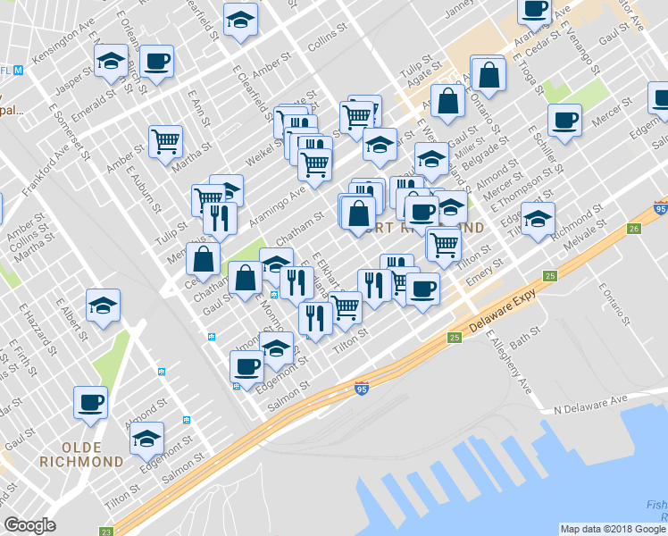map of restaurants, bars, coffee shops, grocery stores, and more near 3030 Livingston Street in Philadelphia