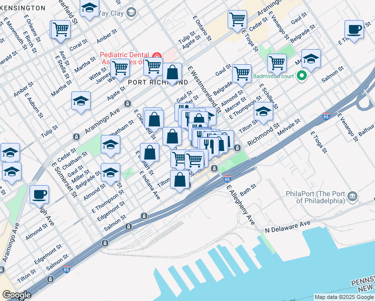 map of restaurants, bars, coffee shops, grocery stores, and more near 3163 East Thompson Street in Philadelphia
