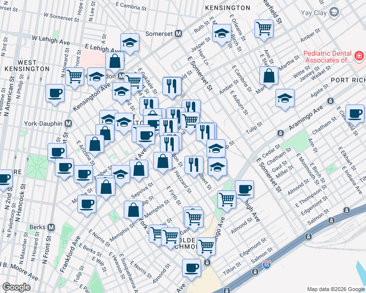 map of restaurants, bars, coffee shops, grocery stores, and more near 2626 Trenton Avenue in Philadelphia