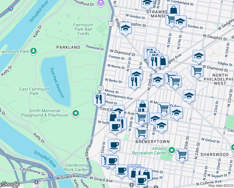map of restaurants, bars, coffee shops, grocery stores, and more near 3129 West Montgomery Avenue in Philadelphia