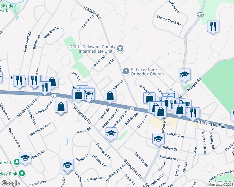 map of restaurants, bars, coffee shops, grocery stores, and more near 10 West Garden Road in Broomall
