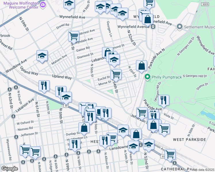 map of restaurants, bars, coffee shops, grocery stores, and more near 5435 West Montgomery Avenue in Philadelphia