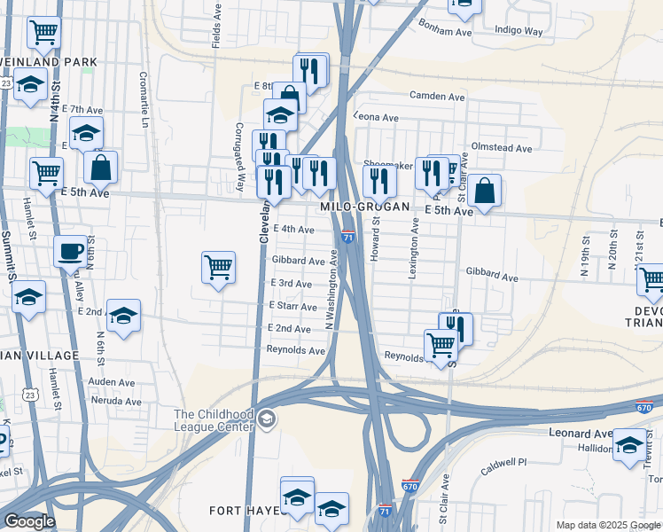 map of restaurants, bars, coffee shops, grocery stores, and more near 705 Gibbard Avenue in Columbus