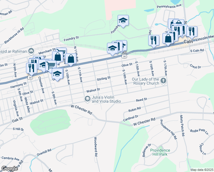 map of restaurants, bars, coffee shops, grocery stores, and more near 1227 Walnut Street in Coatesville