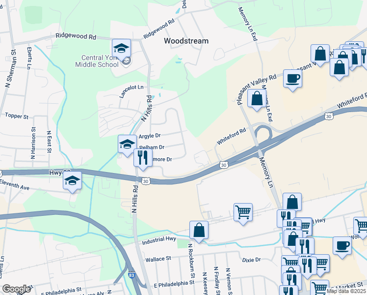 map of restaurants, bars, coffee shops, grocery stores, and more near 1794 Pelham Drive in York