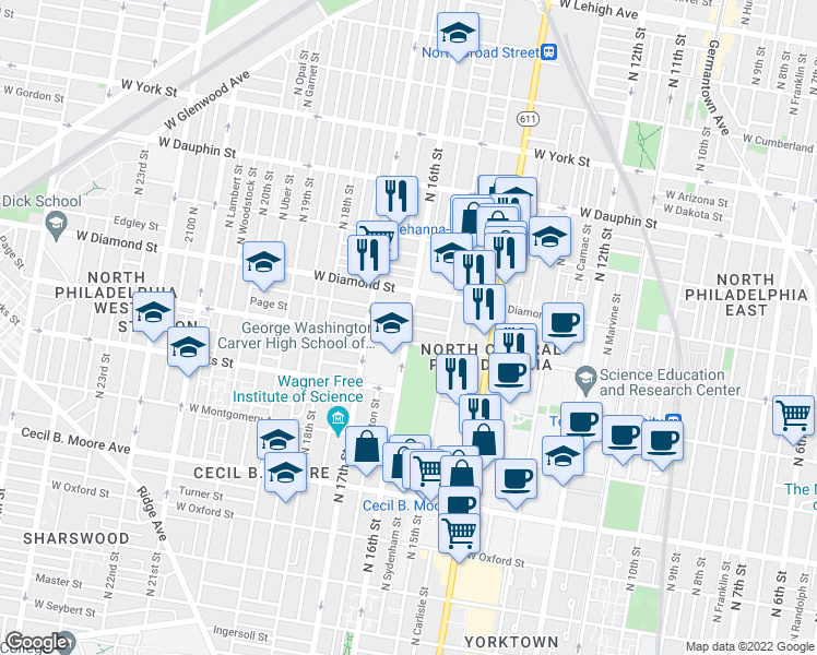 map of restaurants, bars, coffee shops, grocery stores, and more near N 16th St & Page St in Philadelphia