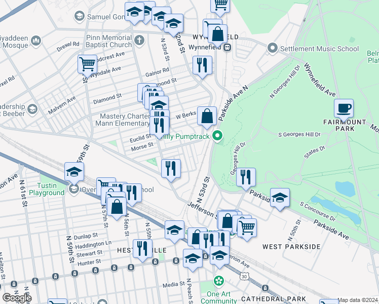 map of restaurants, bars, coffee shops, grocery stores, and more near 1750 North Peach Street in Philadelphia