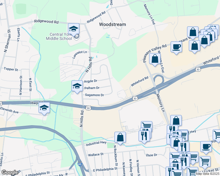 map of restaurants, bars, coffee shops, grocery stores, and more near 1794 Pelham Drive in York