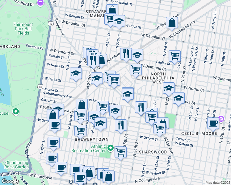 map of restaurants, bars, coffee shops, grocery stores, and more near 2626 Ridge Avenue in Philadelphia
