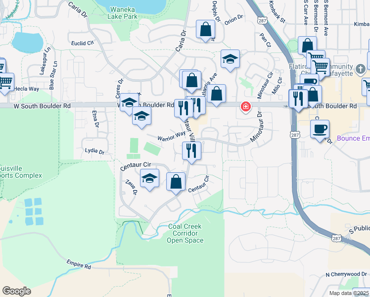 map of restaurants, bars, coffee shops, grocery stores, and more near 24 Centaur Court in Lafayette