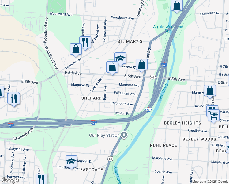 map of restaurants, bars, coffee shops, grocery stores, and more near 2192 Willamont Avenue in Columbus