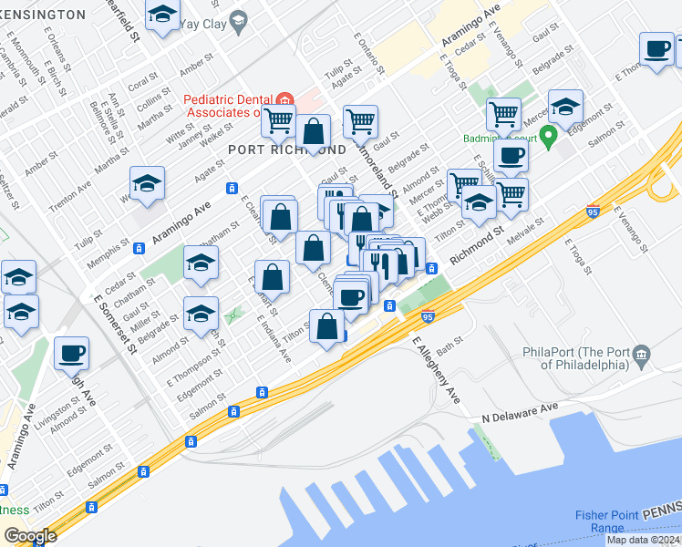 map of restaurants, bars, coffee shops, grocery stores, and more near 3163 East Thompson Street in Philadelphia