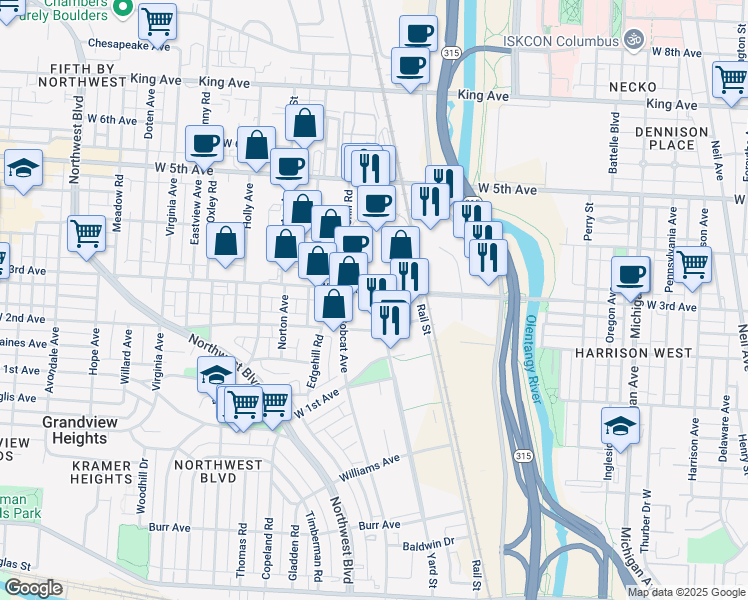 map of restaurants, bars, coffee shops, grocery stores, and more near 1125 Yard Street in Grandview Heights