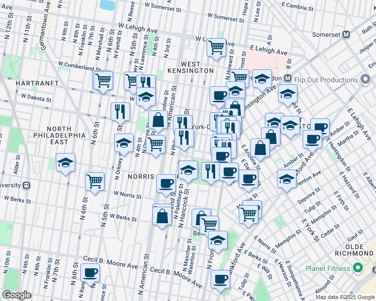 map of restaurants, bars, coffee shops, grocery stores, and more near 2205 North Palethorp Street in Philadelphia