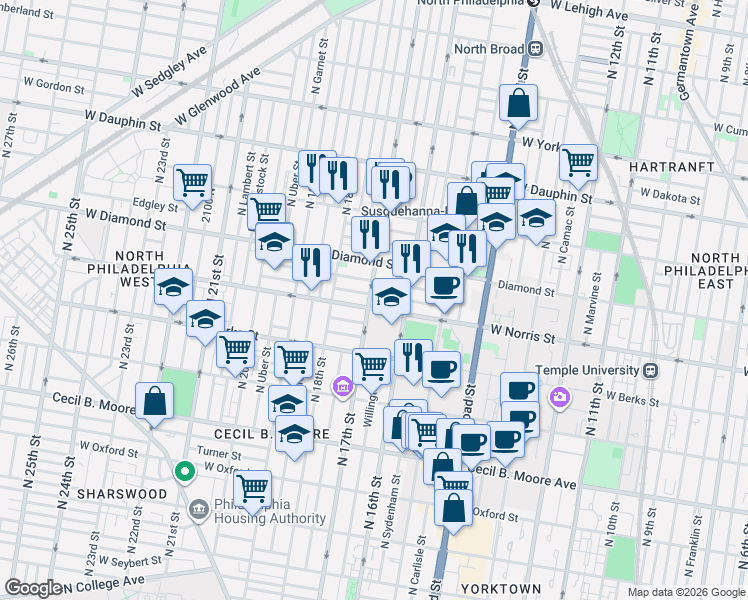 map of restaurants, bars, coffee shops, grocery stores, and more near in Philadelphia