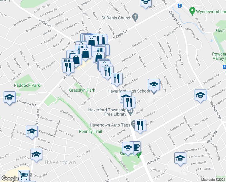 map of restaurants, bars, coffee shops, grocery stores, and more near 1900 Darby Road in Havertown