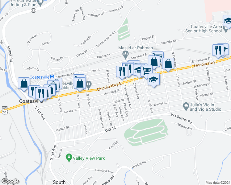 map of restaurants, bars, coffee shops, grocery stores, and more near 617 Belmont Street in Coatesville